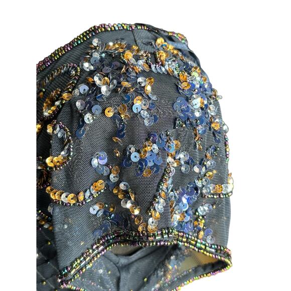 Pisarro Nights Embellished Beaded Maxi Dress Sz 2 Navy Formal Wedding Mesh Gown - Picture 4 of 8